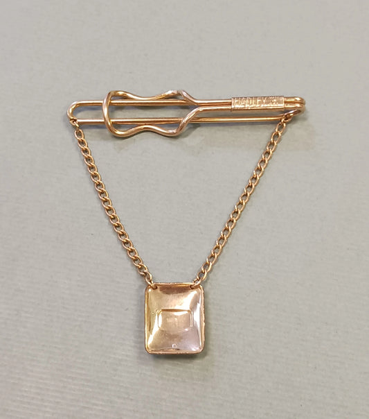 Gold Tie Bar with Chain and Pendant - Signed Hadley Menswear - Made in the U.S.A. - Retro Tie Bar- Mid Century Modern Tie Bar