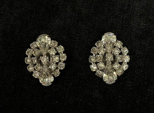 Large Crystal Double Crystal Rhinestone Clip on Earrings - Vintage - Wedding or Bridal Jewelry