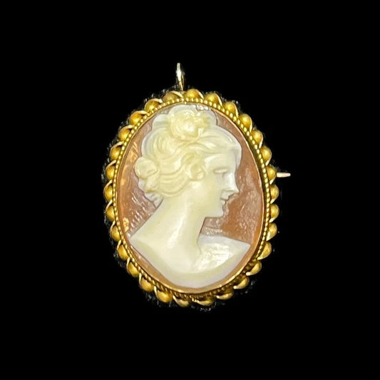 Cameo Pin or Necklace Pendant of Natural Carved Shell in 10K Gold Frame