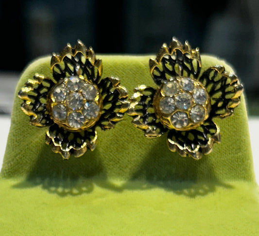 Gold-Tone Cut Out leaves Surrounding Pave' Rhinestones Centers - Fancy Clip Back Earrings - Wedding or Prom Jewelry
