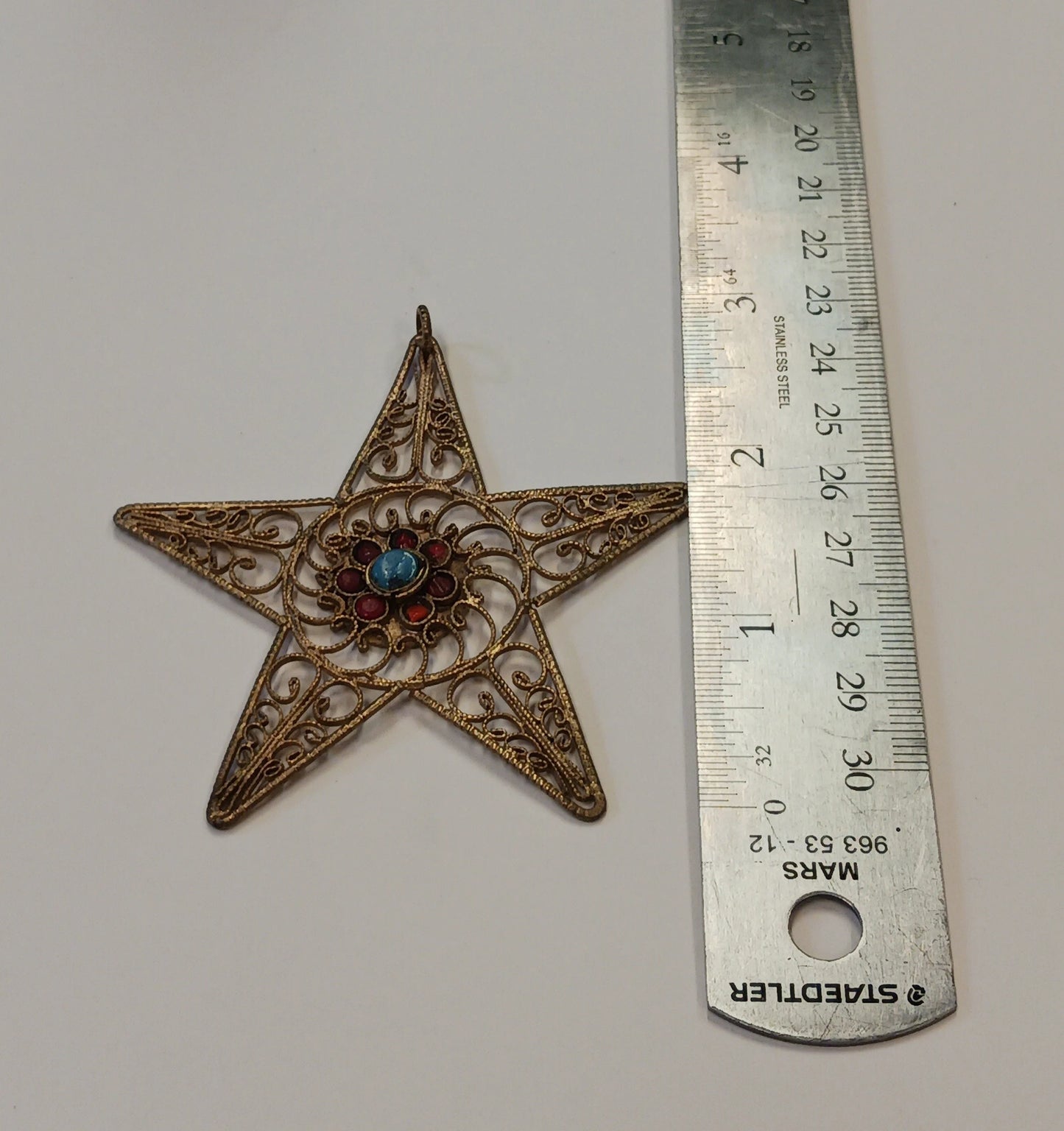 Nepalese Gold Tone Star/Starfish Pendant with Coral and Turquoise Accents - Hand-Made in Nepal - Vintage BOHO Jewelry