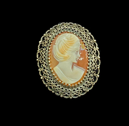 K.L. Filigree Cameo Pin/Brooch or Necklace Pendant  - 14K Gold over Sterling With Shell Cameo