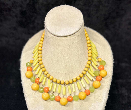 Vintage Boho Beaded Drop Necklace in Tropical Yellows, Orange and Lime