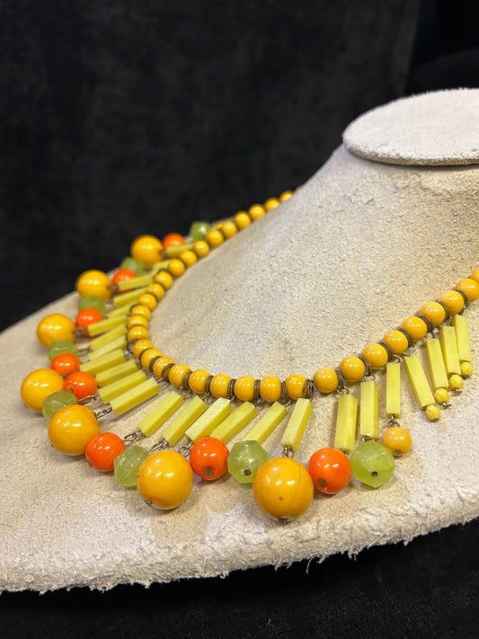 Vintage Boho Beaded Drop Necklace in Tropical Yellows, Orange and Lime