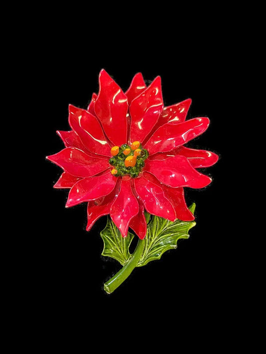 Red Poinsettia Flower Pin - Christmas Poinsettia Brooch - Enameled Poinsettia