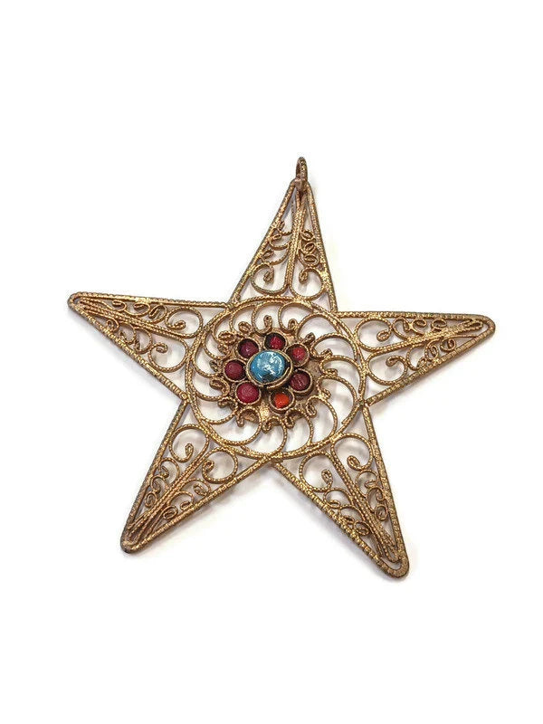 Nepalese Gold Tone Star/Starfish Pendant with Coral and Turquoise Accents - Hand-Made in Nepal - Vintage BOHO Jewelry