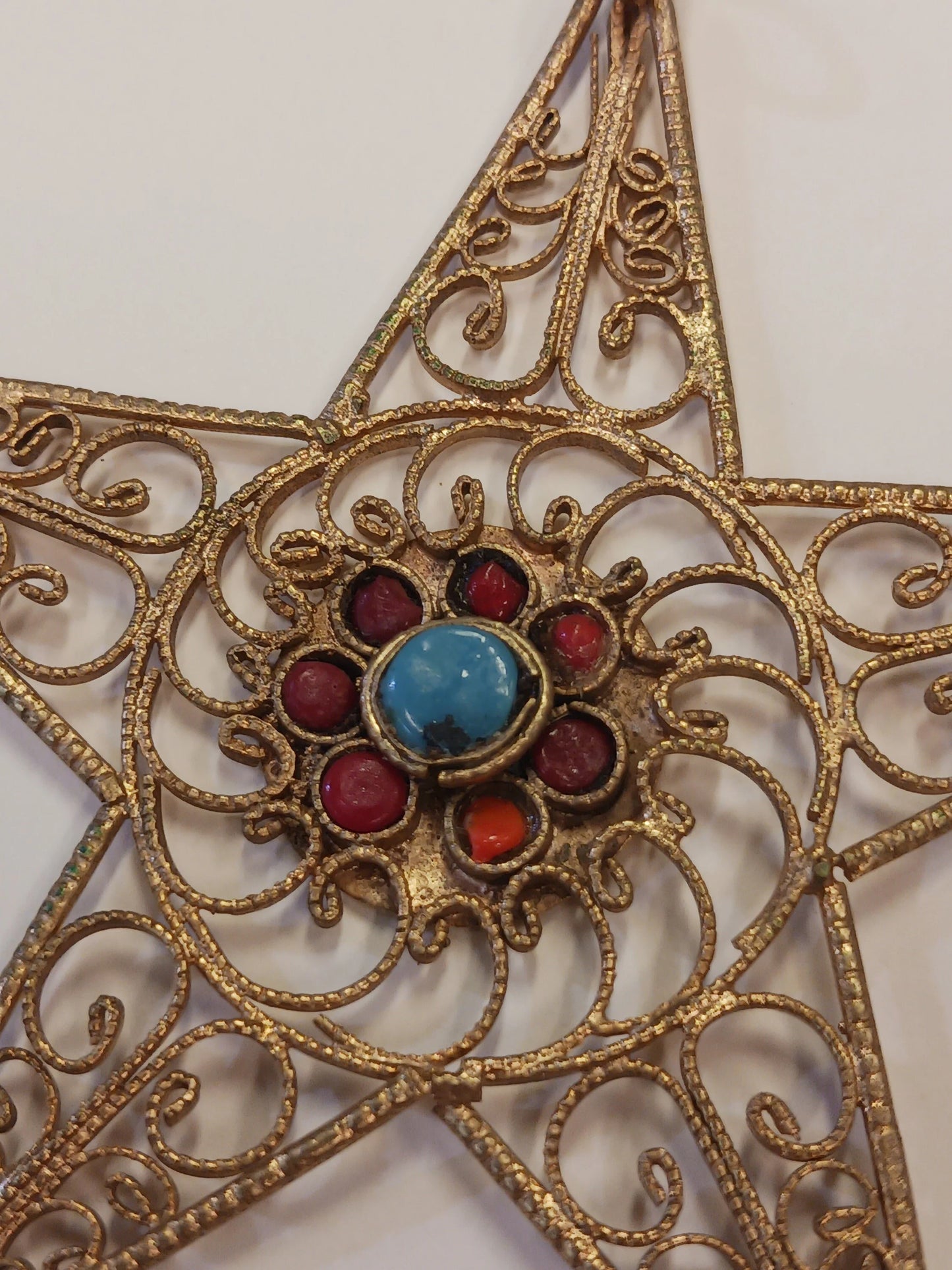 Nepalese Gold Tone Star/Starfish Pendant with Coral and Turquoise Accents - Hand-Made in Nepal - Vintage BOHO Jewelry