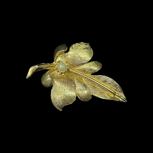 Leaf Broach with Simulated Pearl - Pearls from Majorca - Made in Spain - In Original Box