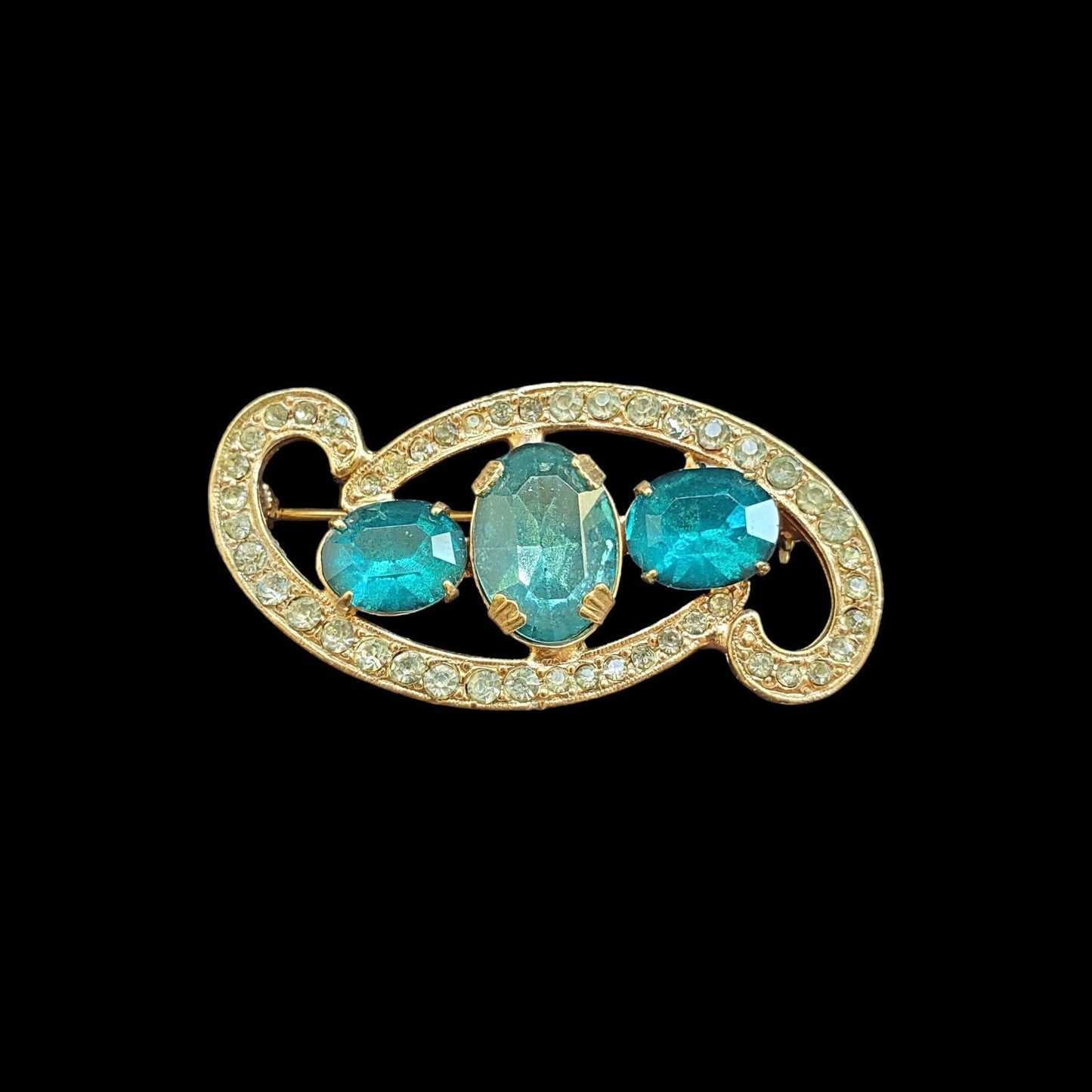 Aqua Crystals Looped in Crystal Sparkle on Gold Brooch/Pin - Vintage Pin