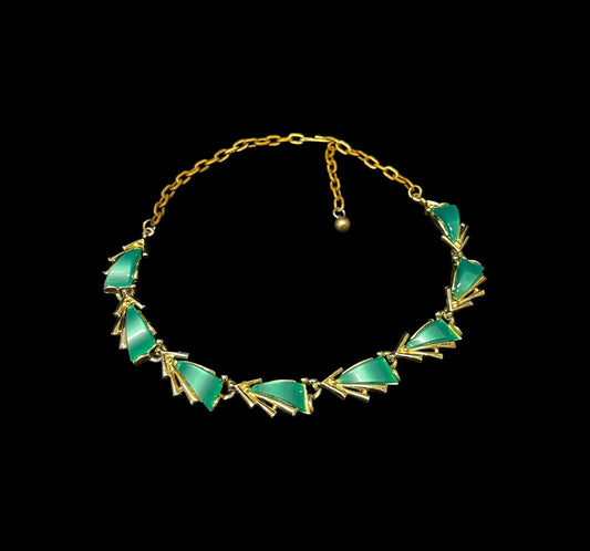 Gold Choker Necklace with Lucite Moonglow Green Sail Carbachol Insets - Marked ART