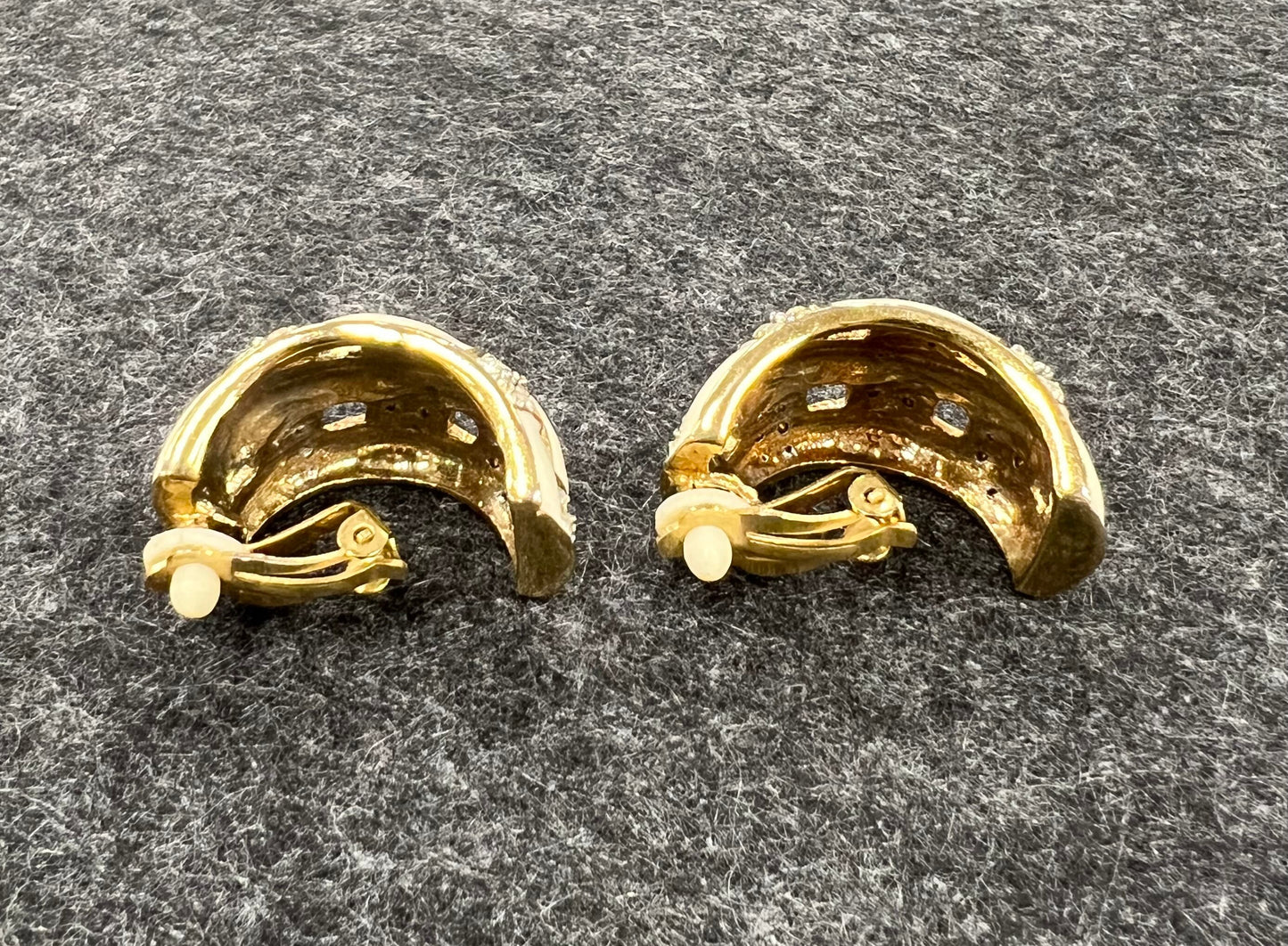 Woven C-Hoop Earrings - Crystal and Ivory Enamel - Gold Toned Metal - Vintage Clip Ons