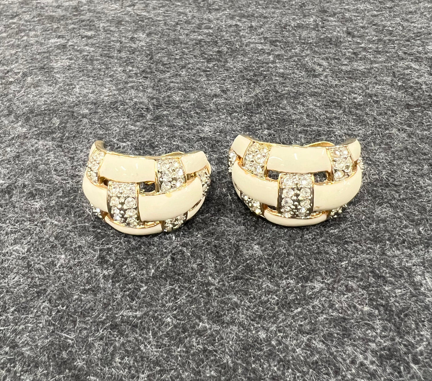 Woven C-Hoop Earrings - Crystal and Ivory Enamel - Gold Toned Metal - Vintage Clip Ons