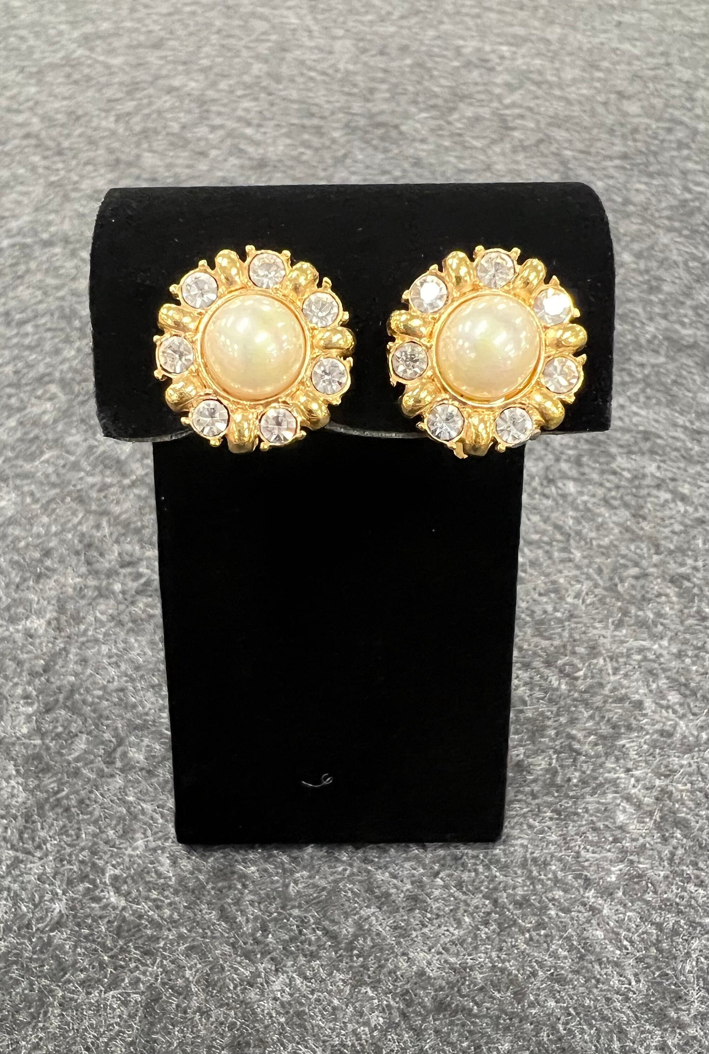 Aressa - Genuine Crystal Clip On Earrings - Vintage Pearl on Gold tone circled in Crystal Rhinestones