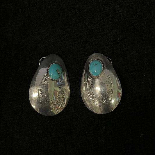 Large Silver Clip-on Earrings with Narural Turquoise Settings  - Vintage .925 Silver Trade Jewelry - Southwest Silver and Tourquoise