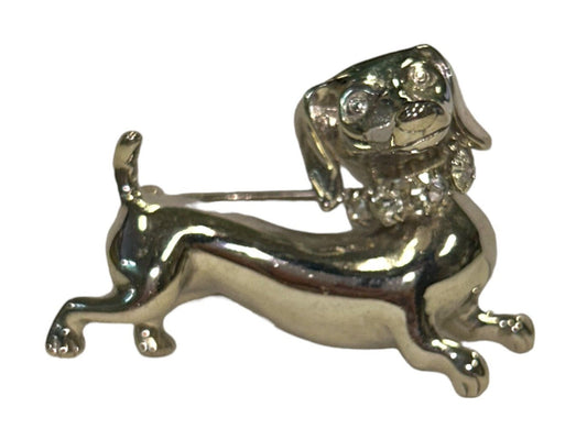 Silver Dachshund Brooch with Austrian Crystal Collar Brooch