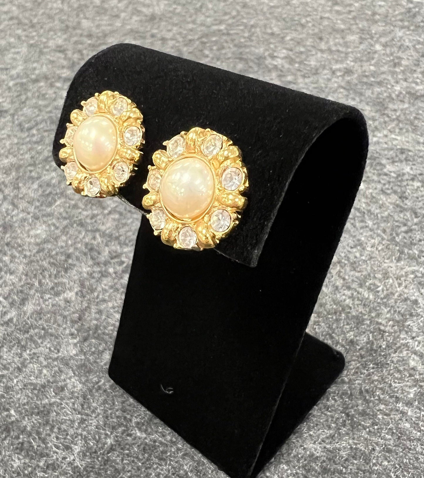 Aressa - Genuine Crystal Clip On Earrings - Vintage Pearl on Gold tone circled in Crystal Rhinestones