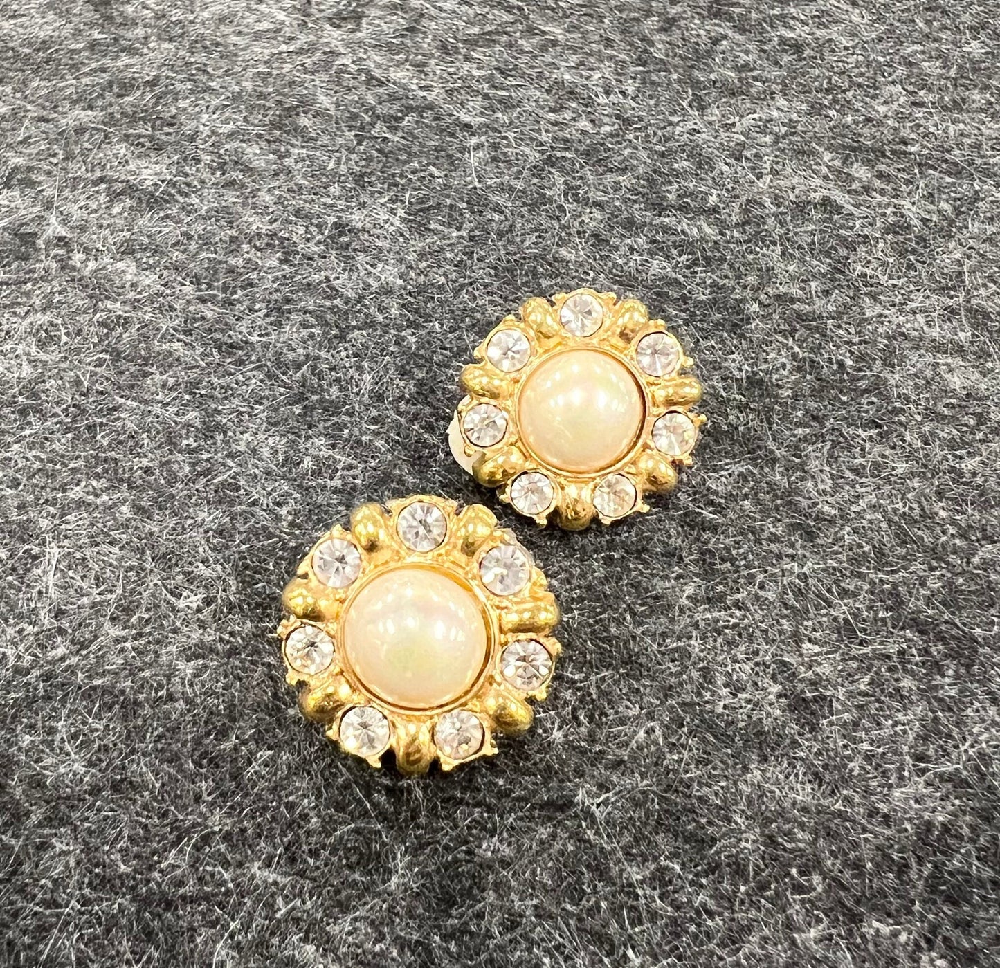 Aressa - Genuine Crystal Clip On Earrings - Vintage Pearl on Gold tone circled in Crystal Rhinestones