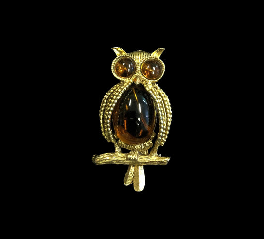 Hobé Owl Pin with Glass Topaz Jelly Belly Center - Mid Century, Figural Brooch