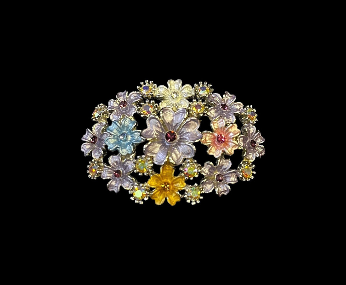 Aurora Borealis Centered Purple Enamel Flower Bouquet Brooch/Pin