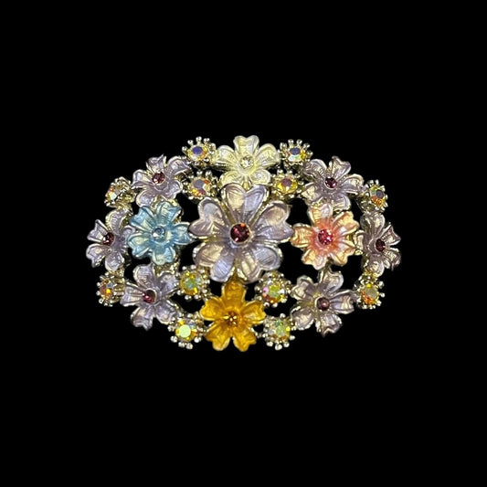 Aurora Borealis Centered Purple Enamel Flower Bouquet Brooch/Pin