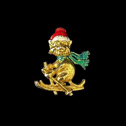 Smug Christmas Cat Skiing, Gold Brooch/Pin