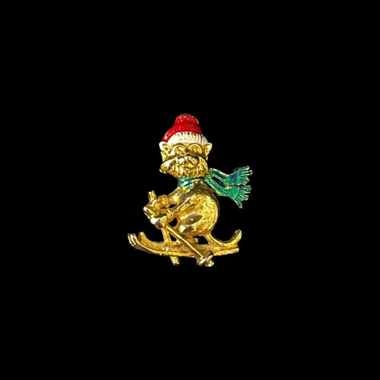 Gold Christmas Cat Skiing Brooch/Pin