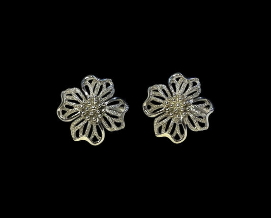 Trifari Clip On Earrings Jewelry - Silver Tone Four Petal Flowers