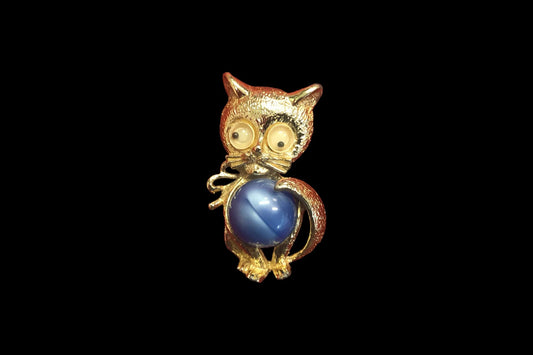 Blue And Gold Googly Eyes Jelly Belly Cat Pin/Brooch - Vintage