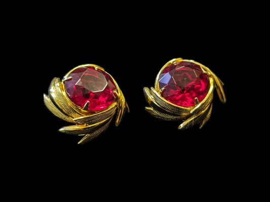 Gorgeous Large Red Glass and Gold Tone Clip Ons- Marked MCM are Vintage