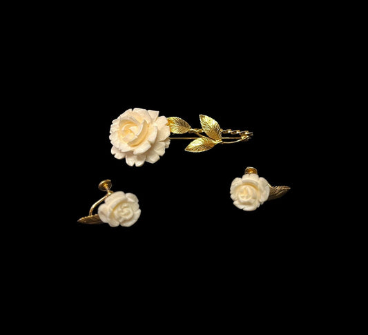 White Rose 12k Gold -Filled, Burt Cassell Earring and Pin/Brooch Set