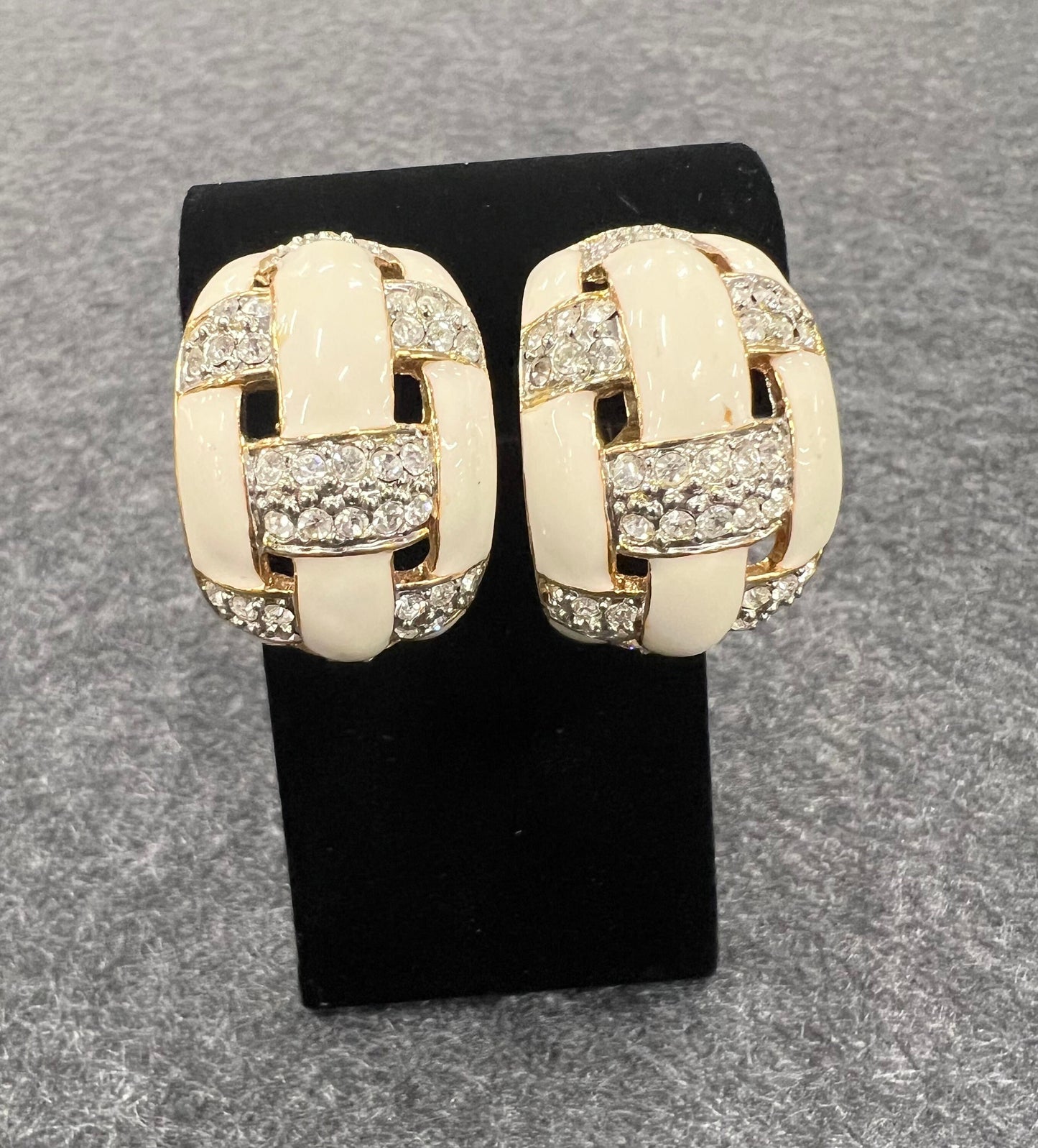 Woven C-Hoop Earrings - Crystal and Ivory Enamel - Gold Toned Metal - Vintage Clip Ons