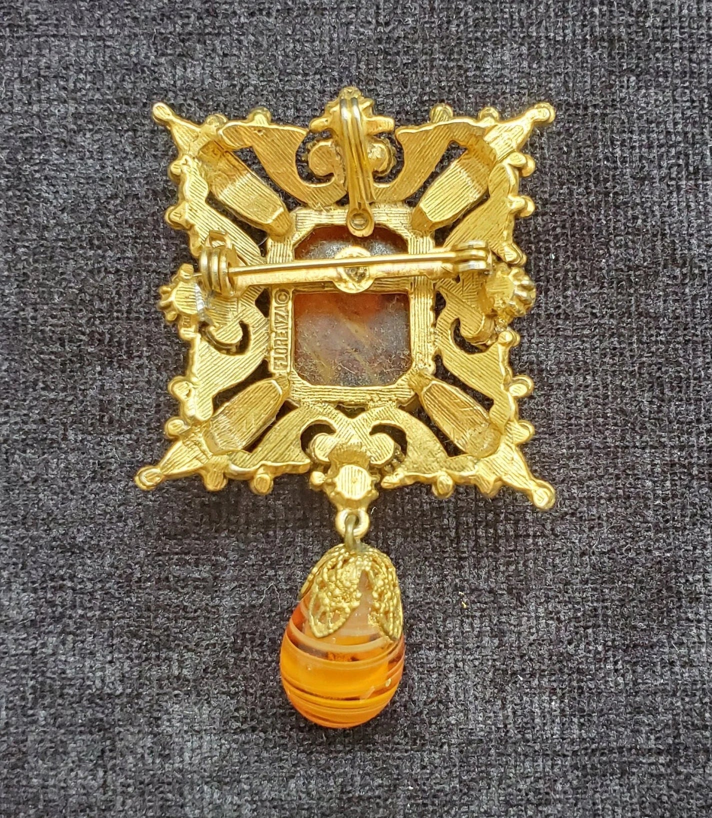 Florenza Fancy Square Brooch/Pin - Large Amber Lucite and Seed Pearl Brooch/Pin