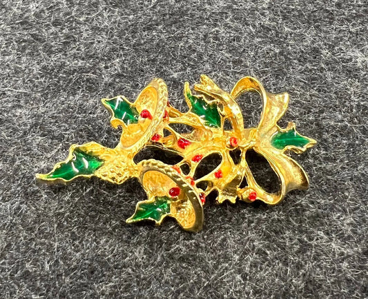Enameled Holiday Brooch with Holly and Bells - Small Christmas Pin - Bells Hanging from Bow with Red and Green Enamel