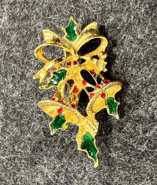 Enameled Holiday Brooch with Holly and Bells - Small Christmas Pin - Bells Hanging from Bow with Red and Green Enamel