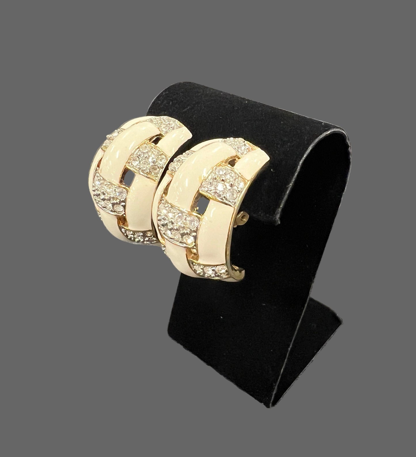 Woven C-Hoop Earrings - Crystal and Ivory Enamel - Gold Toned Metal - Vintage Clip Ons