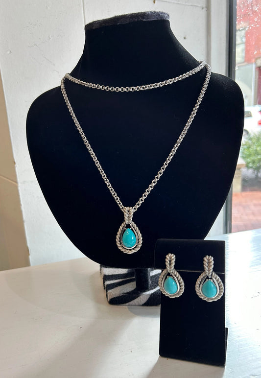 AVON Turquoise and Silver Necklace and Clip-on Earrings Set- 3 Piece Set - Boho Style Faux Turquoise and Silver - Avon Collectible Set