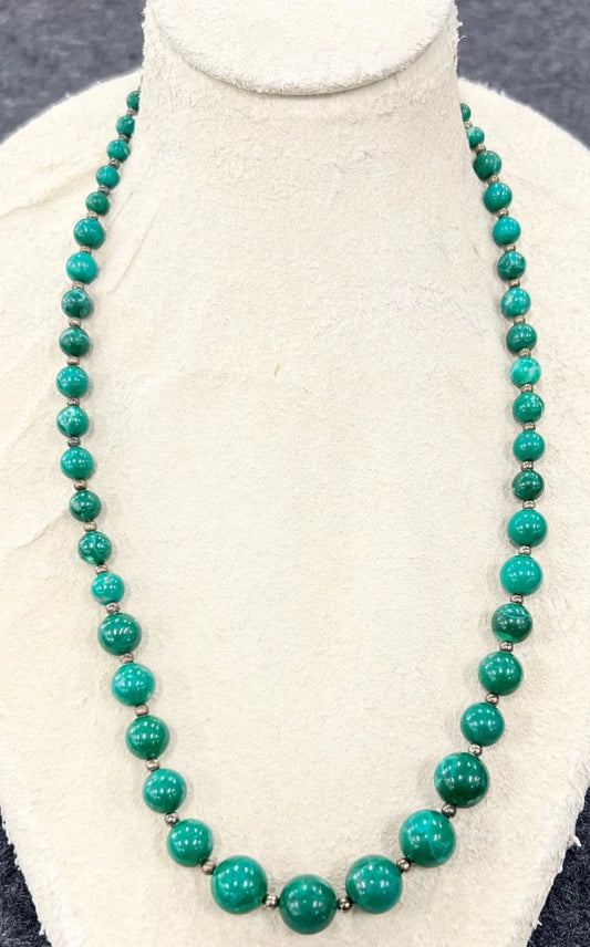 Kelly Green Agate Necklace - For all Seasons - Mid Century Boho Style - 25" Long Graduating Green Agates - With Sterling Ball Separators