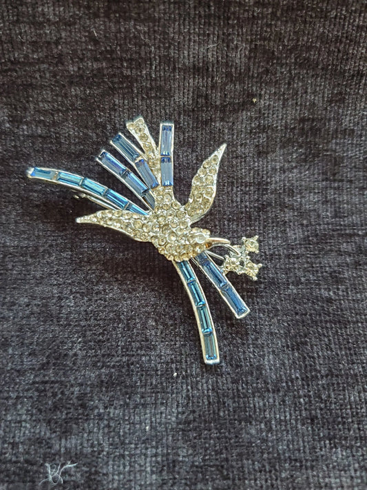 Gorgeous Crystal Magpie Pin/Brooch in Blue and Clear Crystal - Bridal Jewlery