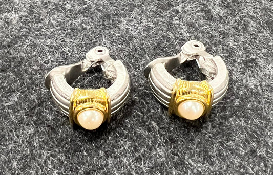 Monet Multi Tone Gold on Silver Topped with a Pearl Clip On Earrings- Traditional Earrings for the Professional Woman