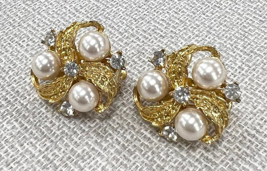 3 Gold Leaves Gripping Pearls with 4 Glistening Austrian Crystals