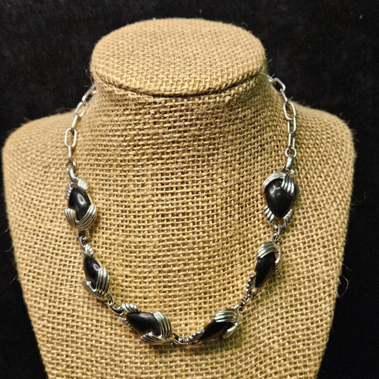 Emmons Lucite Necklace with Black Cabochons in Silver Settings - Mid Century Modern Emmons Necklace - Art Deco Lucite Emmons Designer Wear