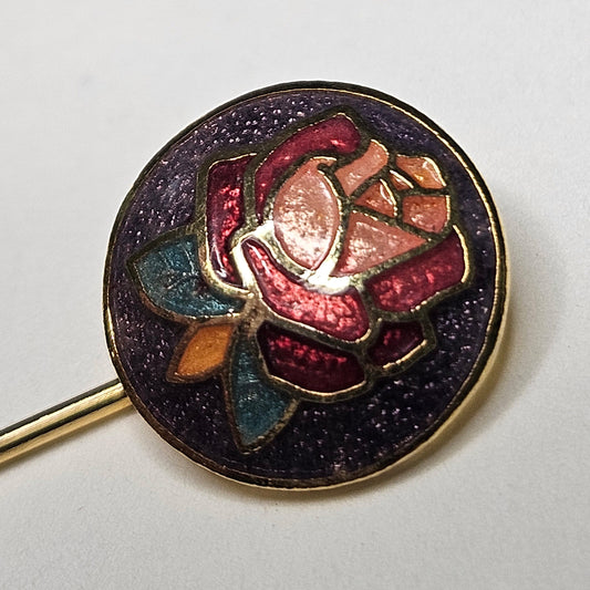 Cloisonne Rose Stick Pin With Dark Purple Background - Scarf Stick Pin - Cloisonné Rose Hat Pin - Decorate Sweater with Rose Pin