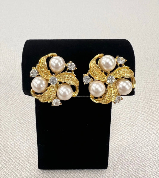 3 Gold Leaves Gripping Pearls with 4 Glistening Austrian Crystals