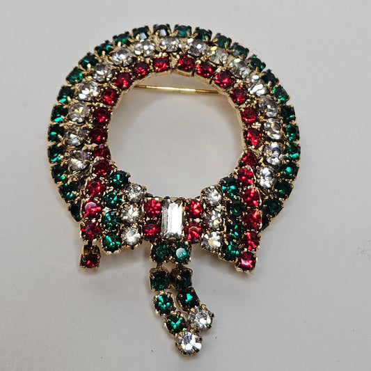 Christmas Wreath Pin - Red, Clear, and Green Crystal Wreath Brooch - Wreath with Bow Holiday Pin - Vintage Rhinestone Holiday Wreath Brooch