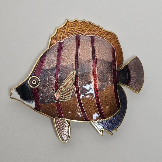 Red Enamel Striped Angel Fish Brooch - Large Mid Century Enameled Angel Fish Brooch - Fish Brooch looks 3 Dimensional  - Collect Fish Pins