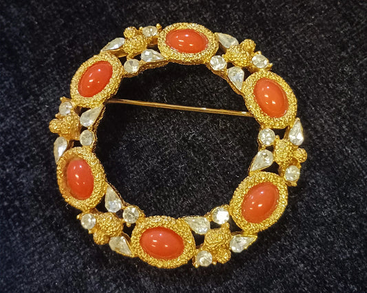 Trifari Faux Coral and Rhinestone Wreath Brooch - Vintage Signed Jewelry - 1970-1980s - Giovanni Trifari Pin
