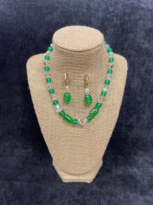 Green Glass Beads and Austrian Crystal Choker Necklace and Matching Earrings - Stunning Italian Green Glass and Chrystal Parure
