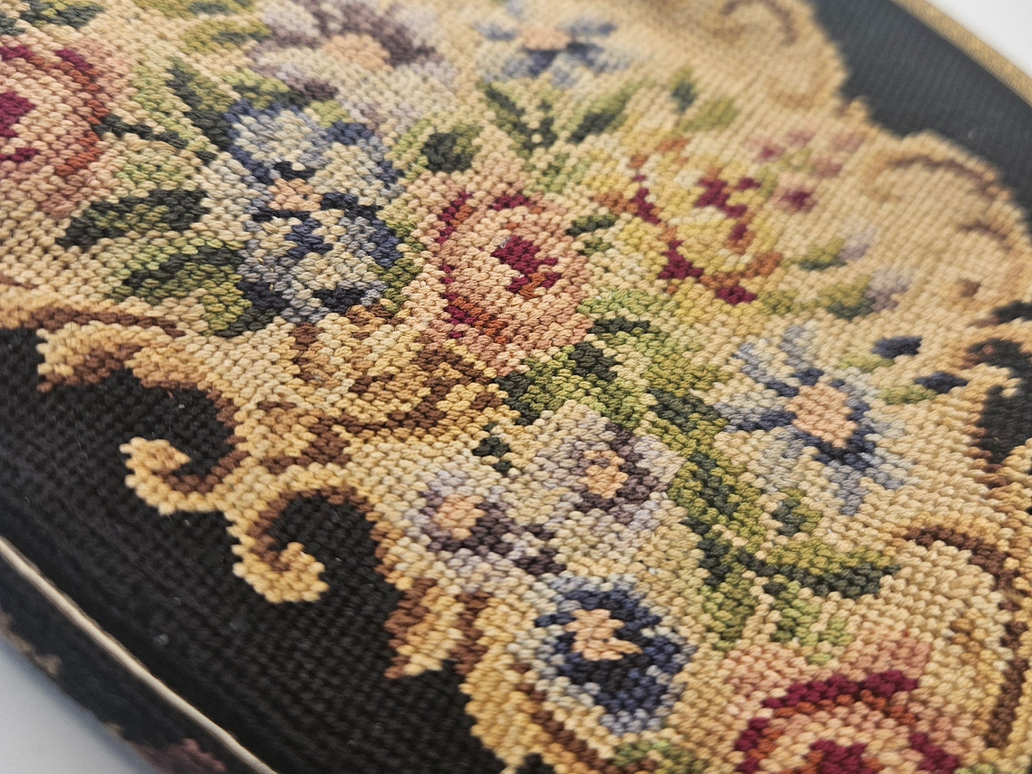 Saks Fifth Avenue Austrian Needlepoint Petit Point Rose Patterned Tapestry Evening Bag - Vintage Ladies Black Tapestry Evening Bag