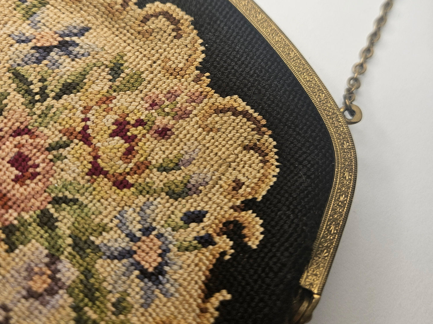 Saks Fifth Avenue Austrian Needlepoint Petit Point Rose Patterned Tapestry Evening Bag - Vintage Ladies Black Tapestry Evening Bag