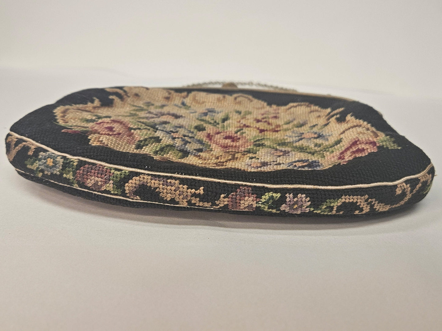 Saks Fifth Avenue Austrian Needlepoint Petit Point Rose Patterned Tapestry Evening Bag - Vintage Ladies Black Tapestry Evening Bag